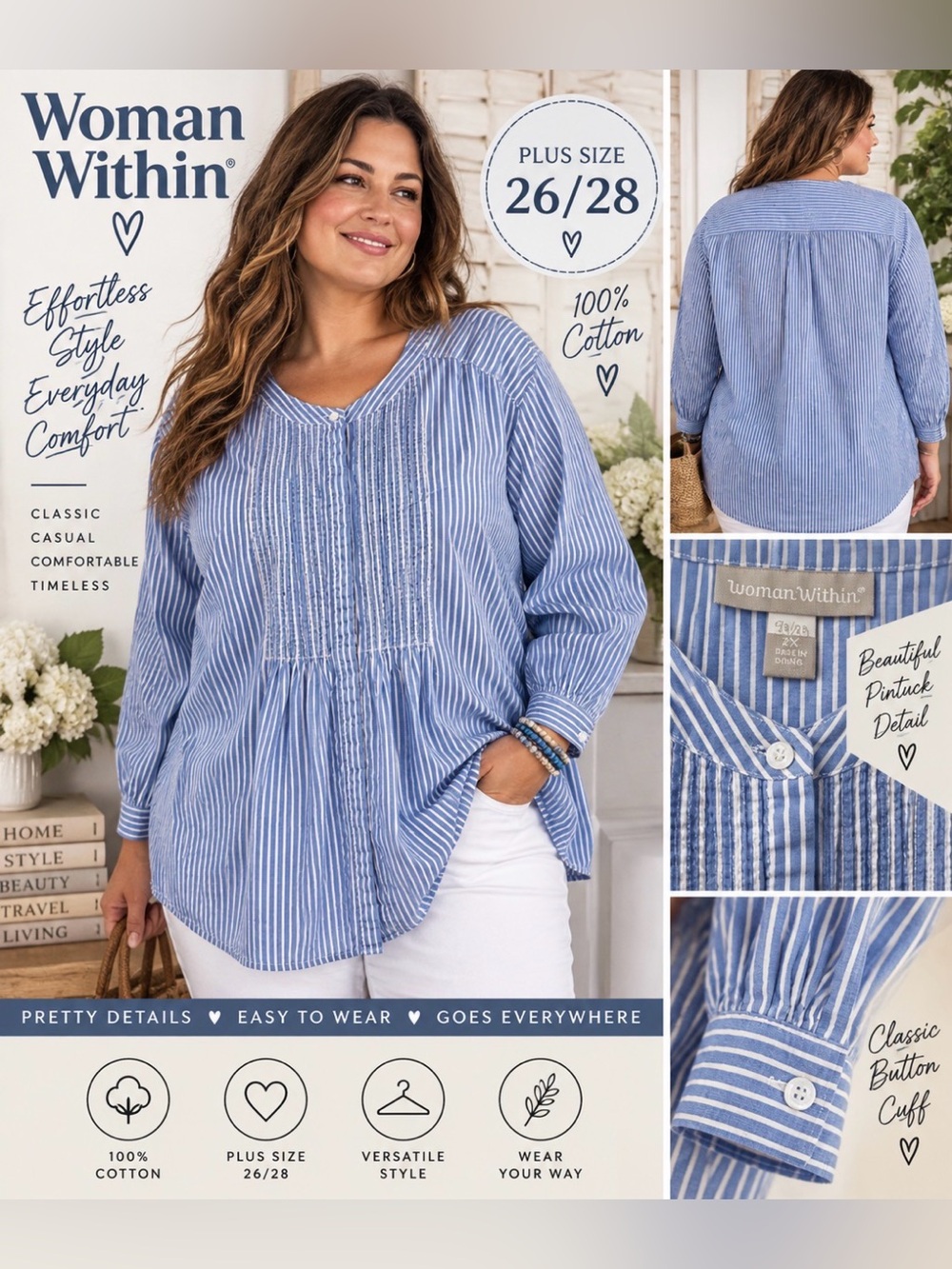 Woman Within -size 26/28 - Striped Pintuck Cotton Tunic